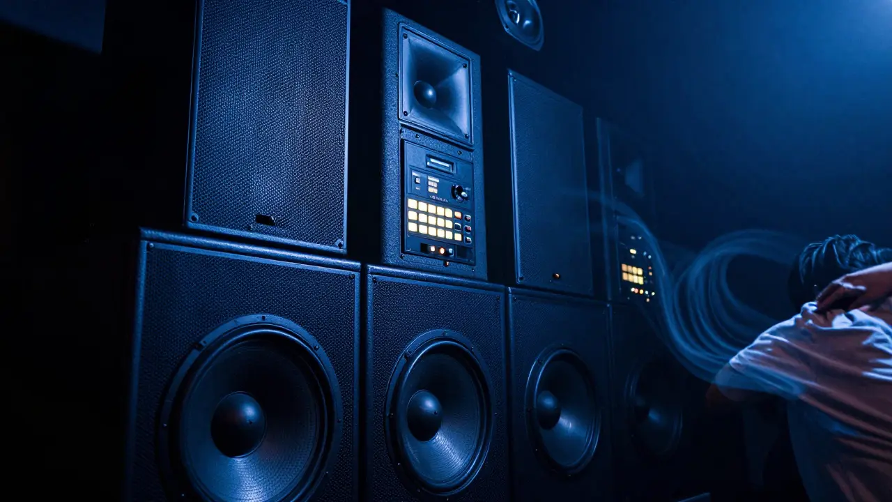 Custom speaker system in a nightclub vibrating with sub-bass, visible sound waves distorting haze, illuminated by cool blue light.