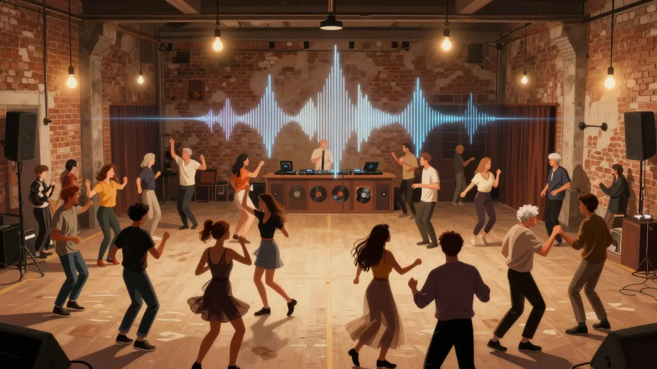 Diverse crowd dancing in Teatro Vittoria, an old theater turned nightclub with industrial lights and no dress code.