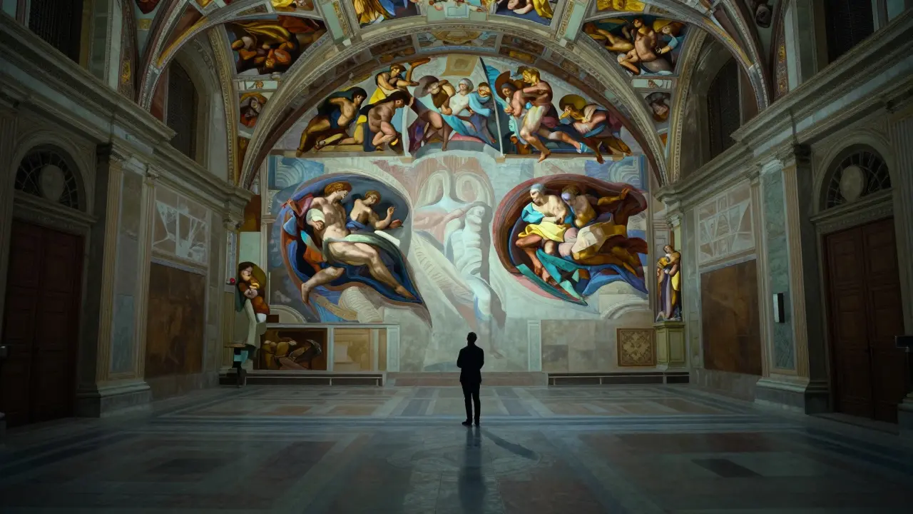 Empty Sistine Chapel at night, illuminated spotlights highlighting Michelangelo's ceiling frescoes.
