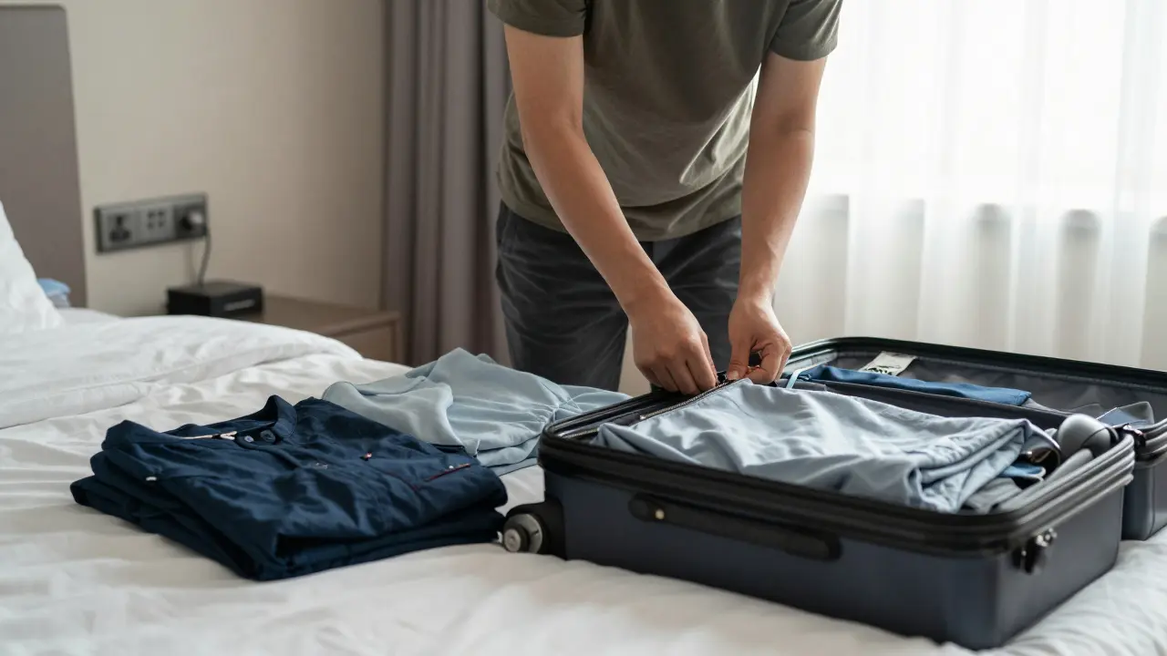 Person quickly leaving hotel room, no lingering in soft morning light.
