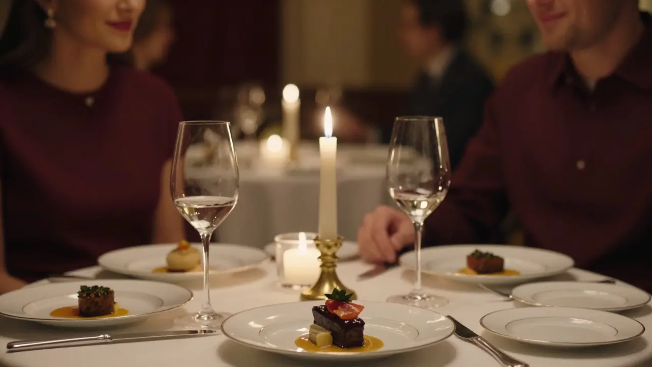 Private Michelin-starred dinner with candlelit table setting and fine dining.
