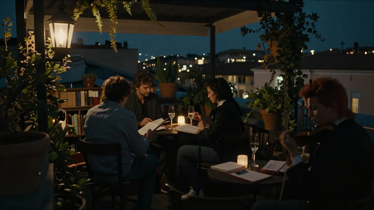 Rooftop bar at night with people reading poetry and a violinist playing in shadow.