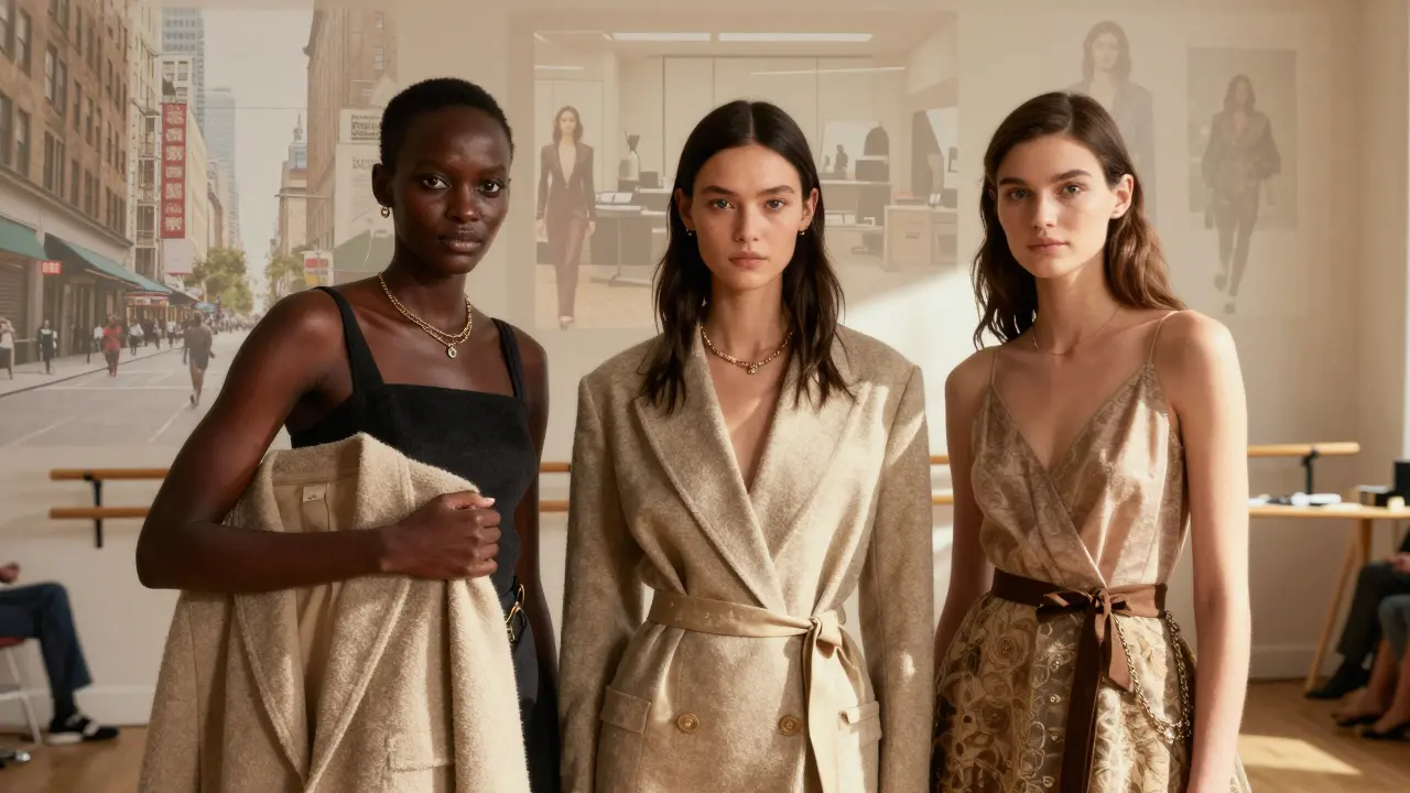 Three diverse elite models holding historic garments, with subtle journey overlays behind them, symbolizing their paths to fame.