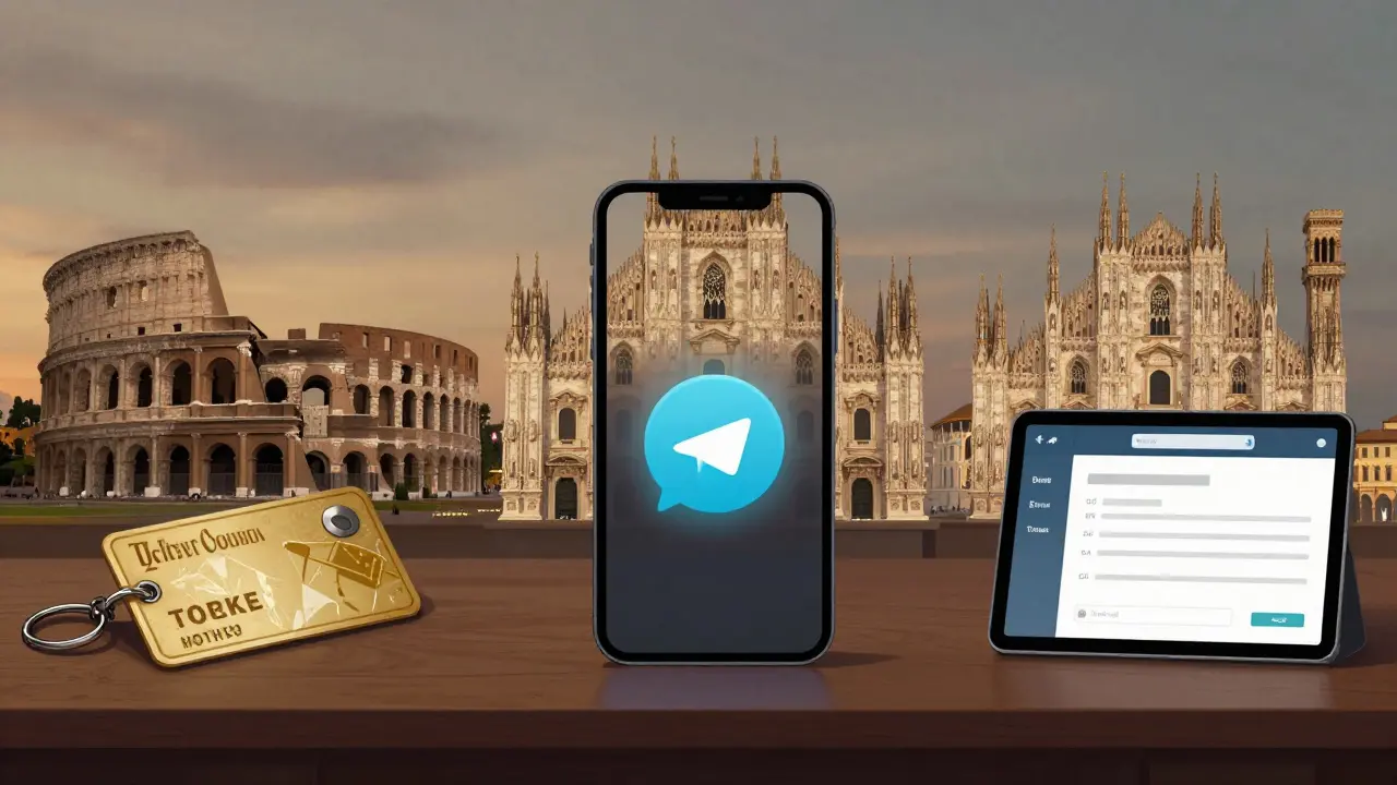 Three Italian city skylines with subtle symbols representing discreet escort services: keycard, smartphone, and payment confirmation.