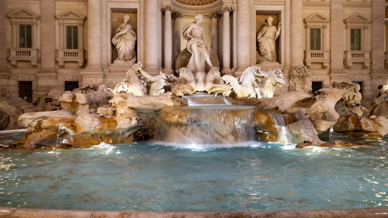 Trevi Fountain shimmering under midnight lamplight, water reflecting like silver, no people in sight.