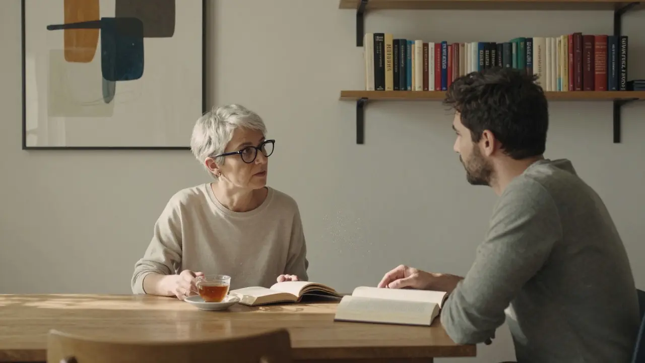 Two individuals engaged in thoughtful dialogue over tea in a Brera apartment, surrounded by art and books.