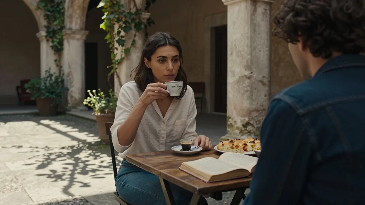 Two people share espresso in a quiet Roman courtyard, sunlight filtering through ivy, a book open on the table.