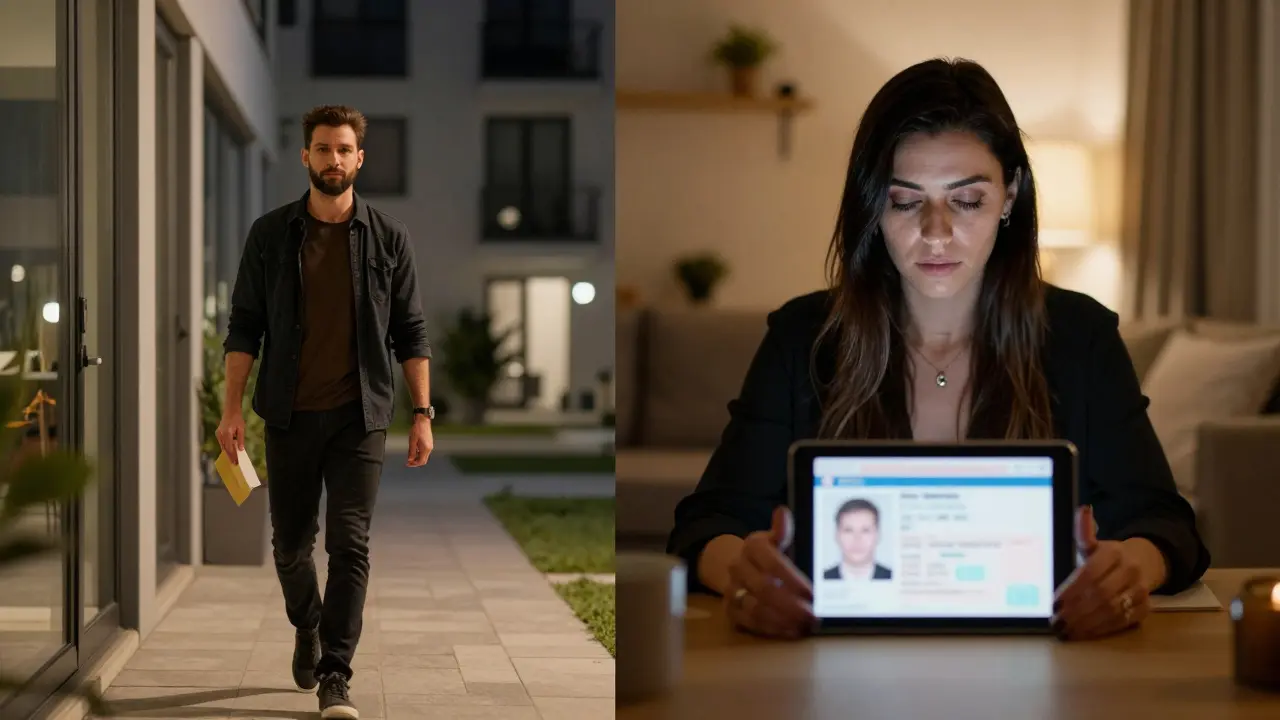 Two perspectives of a safe meeting: a client arriving and a worker verifying identity via video call.