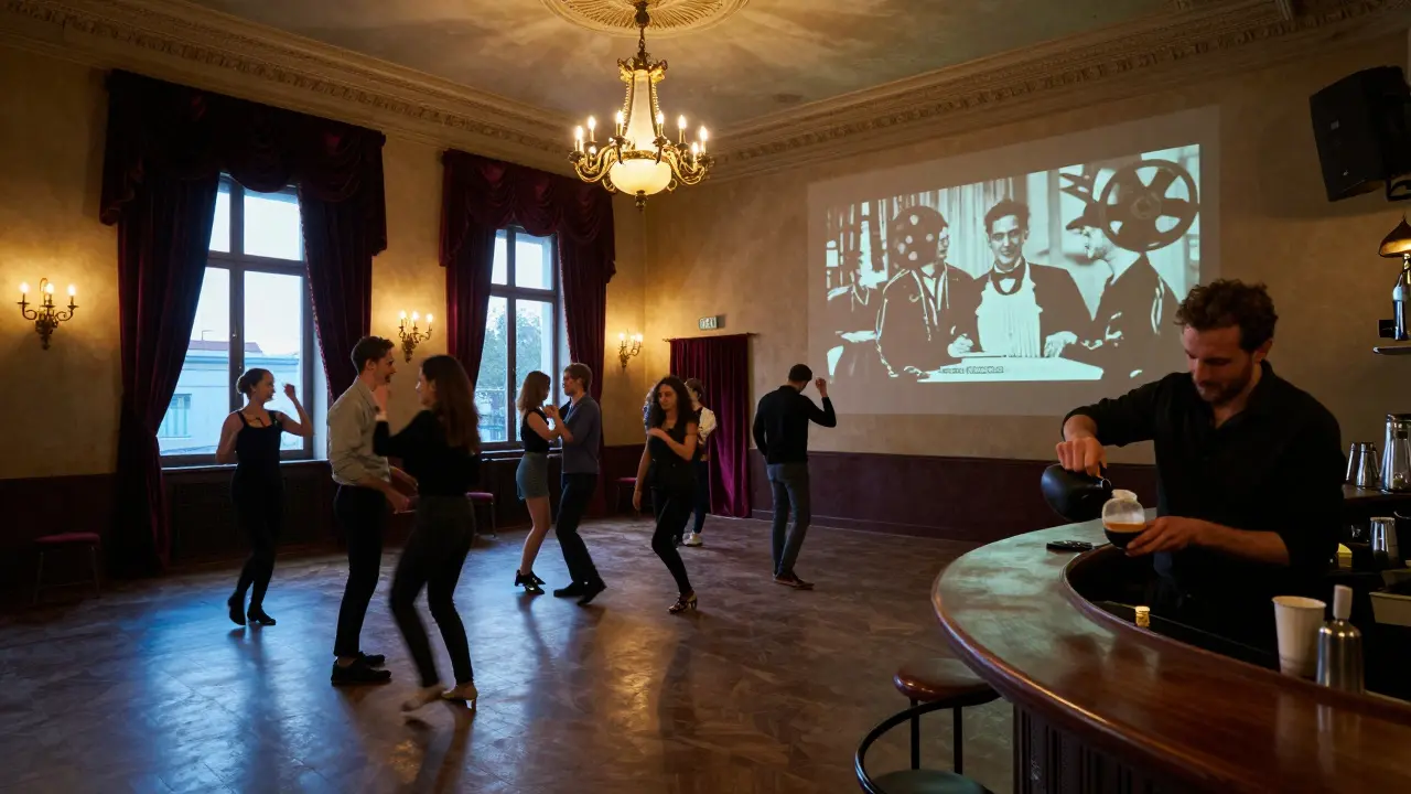 A converted theater in Rome at sunrise, patrons dancing under chandeliers as espresso is served.