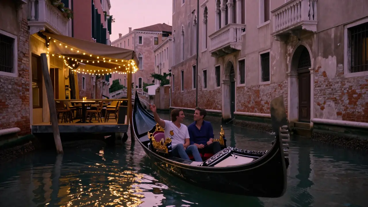A couple glides through a quiet Venetian canal at twilight, fairy lights reflecting on water.