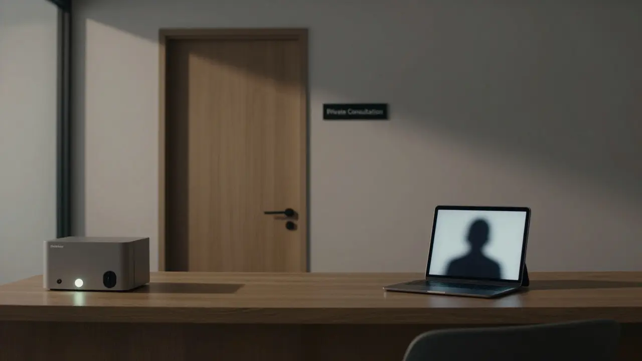 A discreet escort agency office with a private consultation door and encrypted devices.