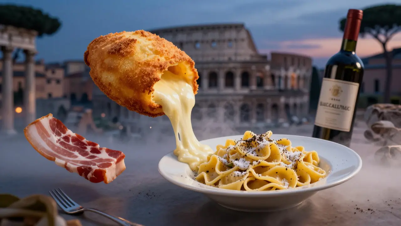 A golden supplì with molten cheese beside cacio e pepe, floating in a dreamy Roman twilight.