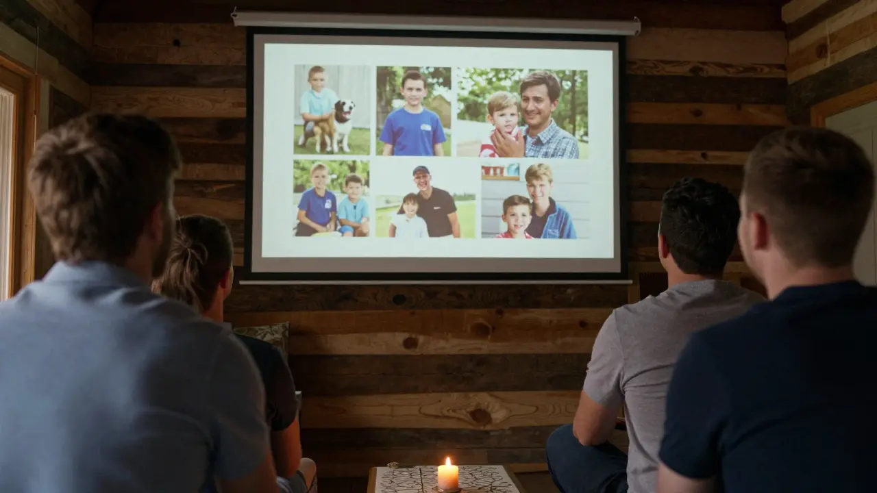 A group watches a nostalgic photo slideshow in a cabin, emotional and quiet, with soft candlelight casting gentle shadows.