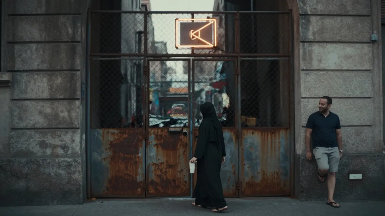 A hidden entrance to a nightclub behind a fence, with a flickering neon speaker sign in the early morning.