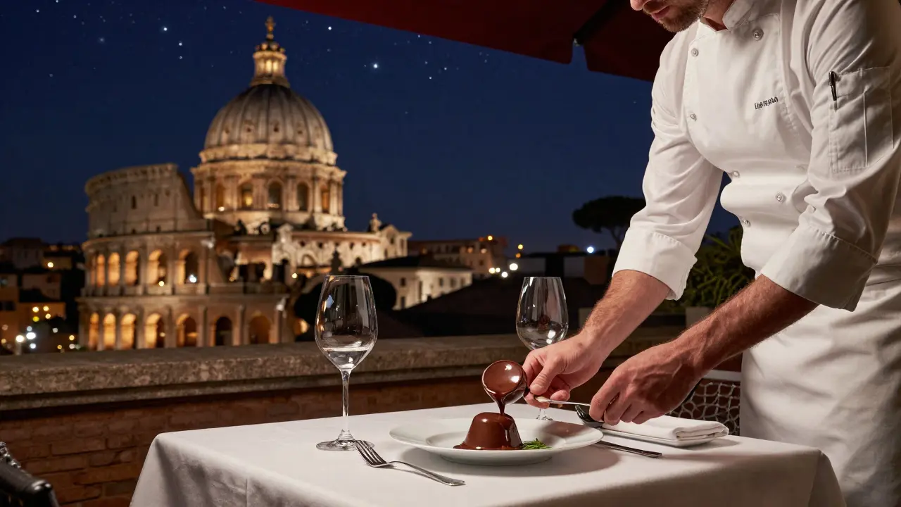 A luxurious rooftop dinner in Rome with a melting chocolate dessert and the city skyline glowing in the background.