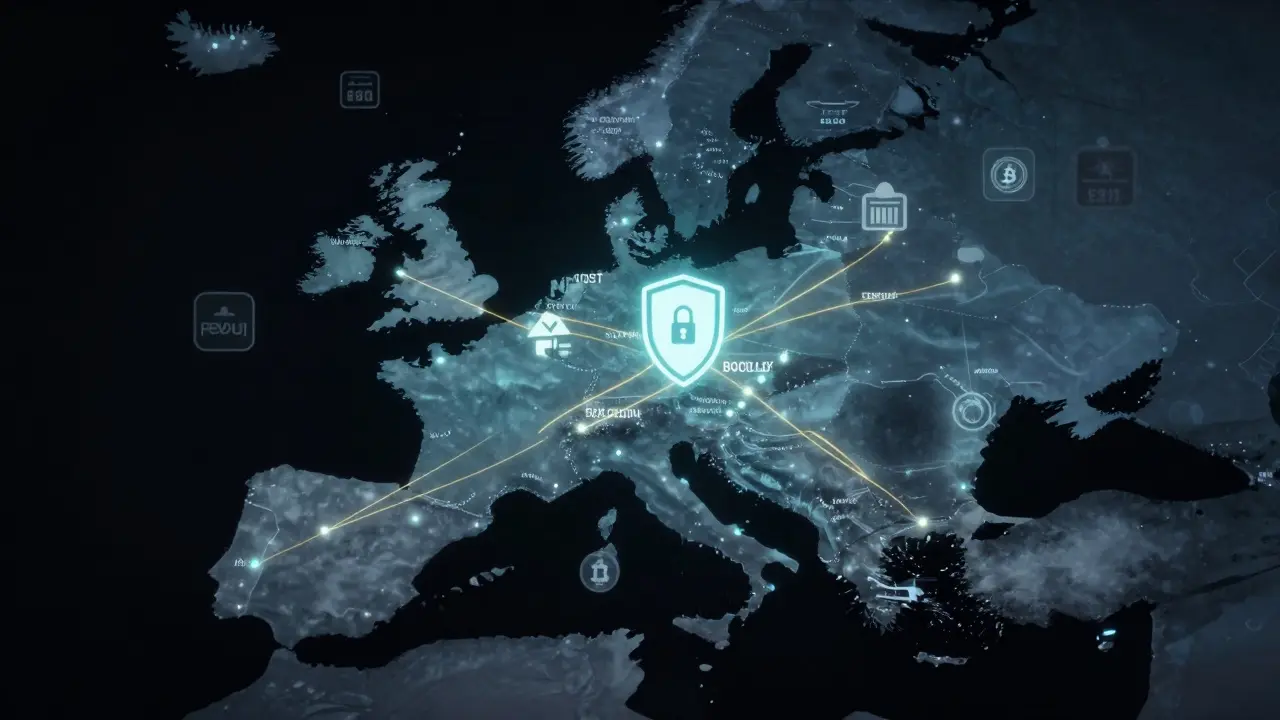 A map of Europe with glowing verified locations connected to a shield-shaped secure server icon.