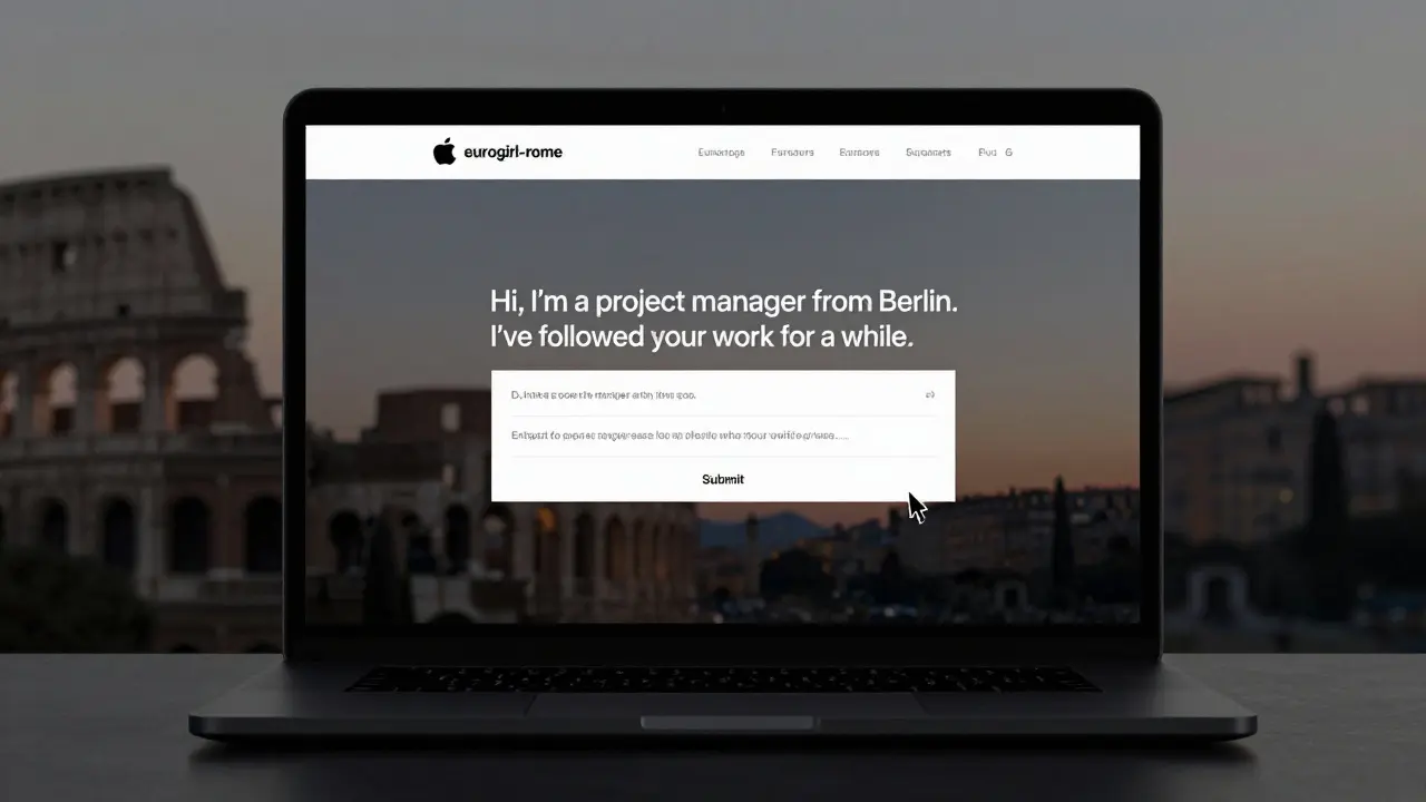 A minimalist website interface showing eurogirl-rome.com contact form with a thoughtful message typed in.