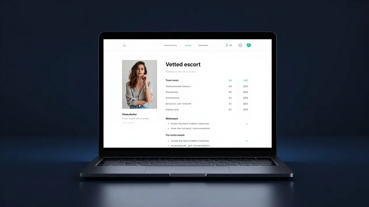 A private escort profile on a laptop screen showing real reviews and clear pricing, no social media links.
