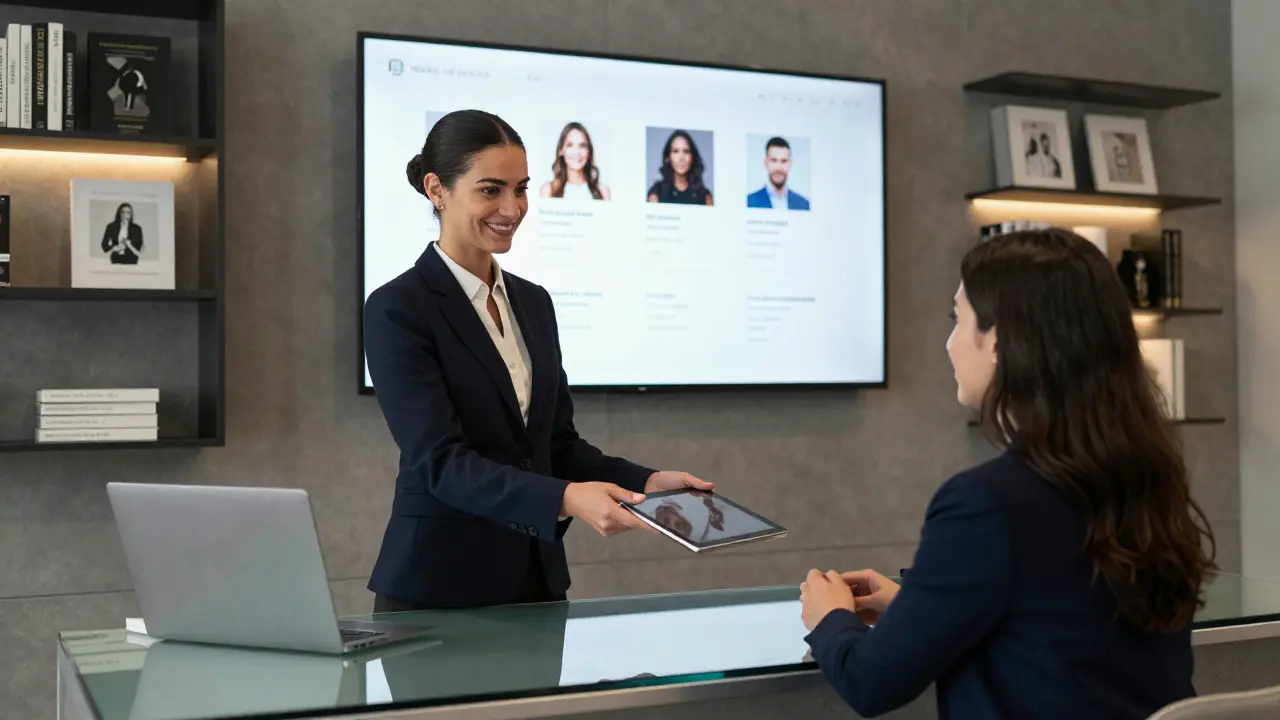 A professional receptionist in a Milan escort agency showing a client digital profiles on a tablet.