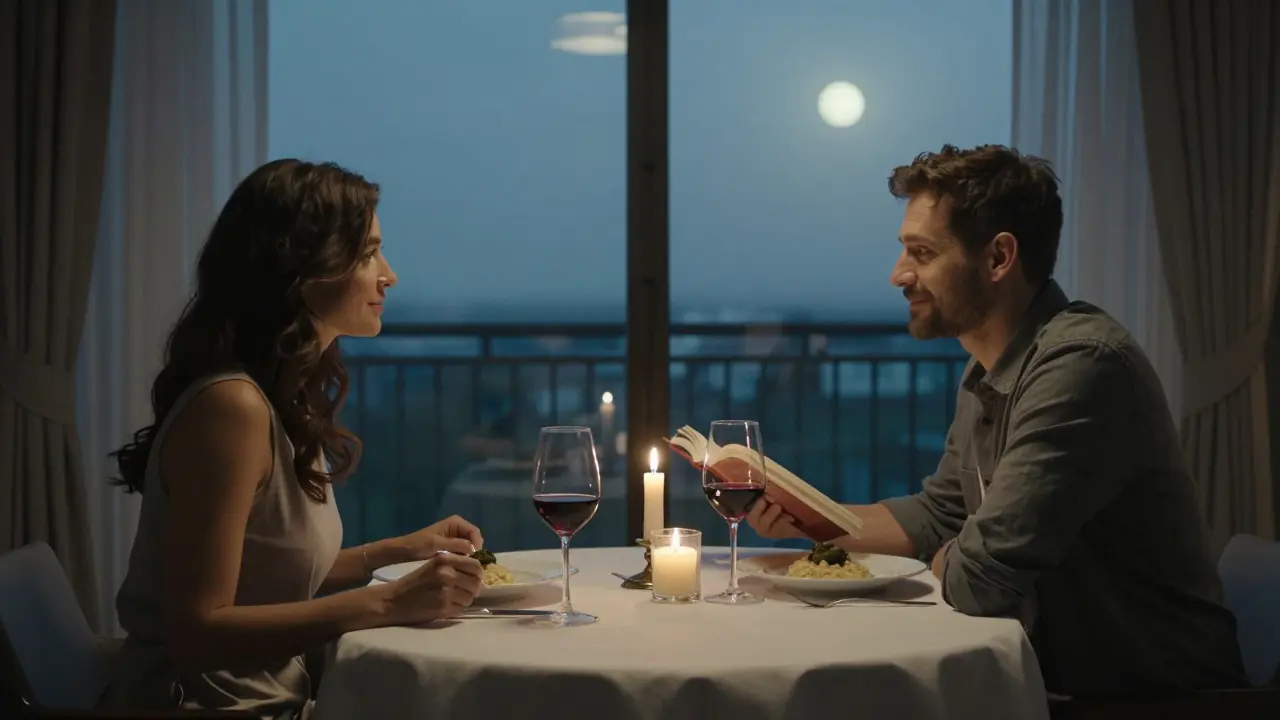 A quiet dinner in a hotel suite, two people sharing a meal and conversation by candlelight.