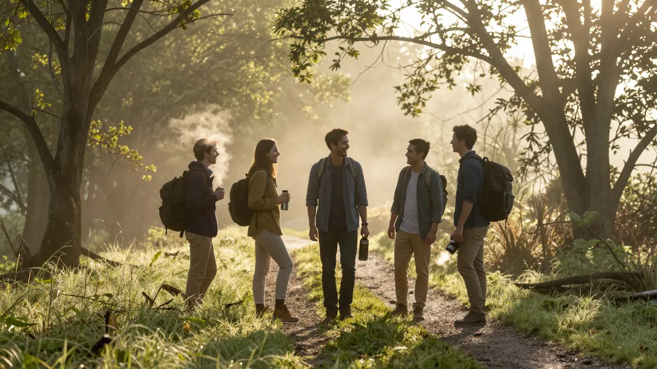 A small group hikes a forest trail at dawn, enjoying quiet moments together with thermoses and backpacks.
