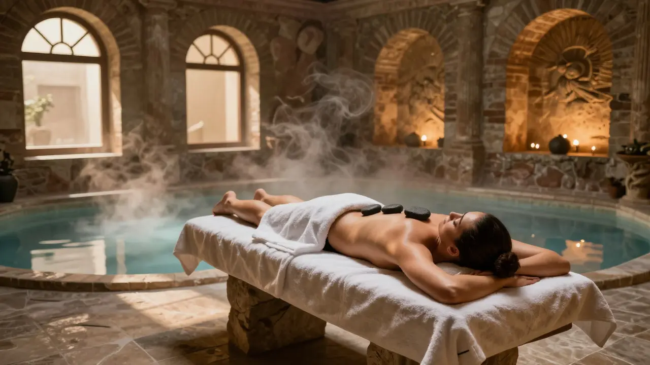 A spa treatment at ancient Roman baths with volcanic stones and mineral water steam.