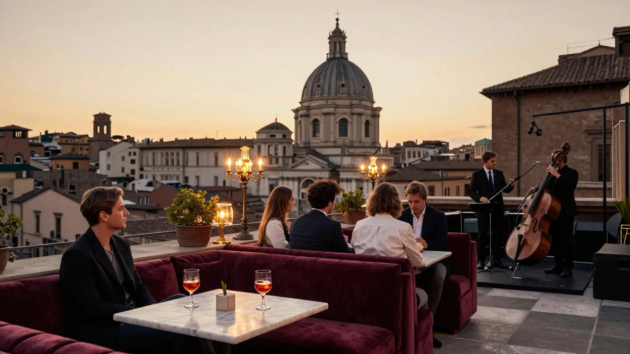 A stylish rooftop club in Rome with a view of the Pantheon and guests sipping cocktails at dusk.