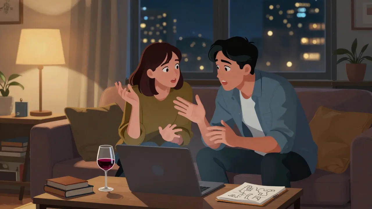 A tech engineer and his companion discuss cloud infrastructure over a laptop in a cozy Milan apartment at night.