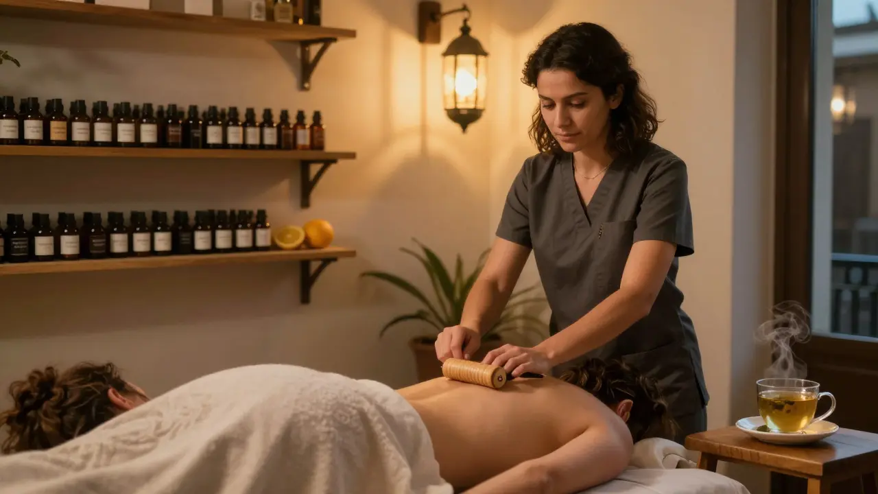 A therapist using a wooden roller on a traveler's back in a cozy Trastevere massage studio.
