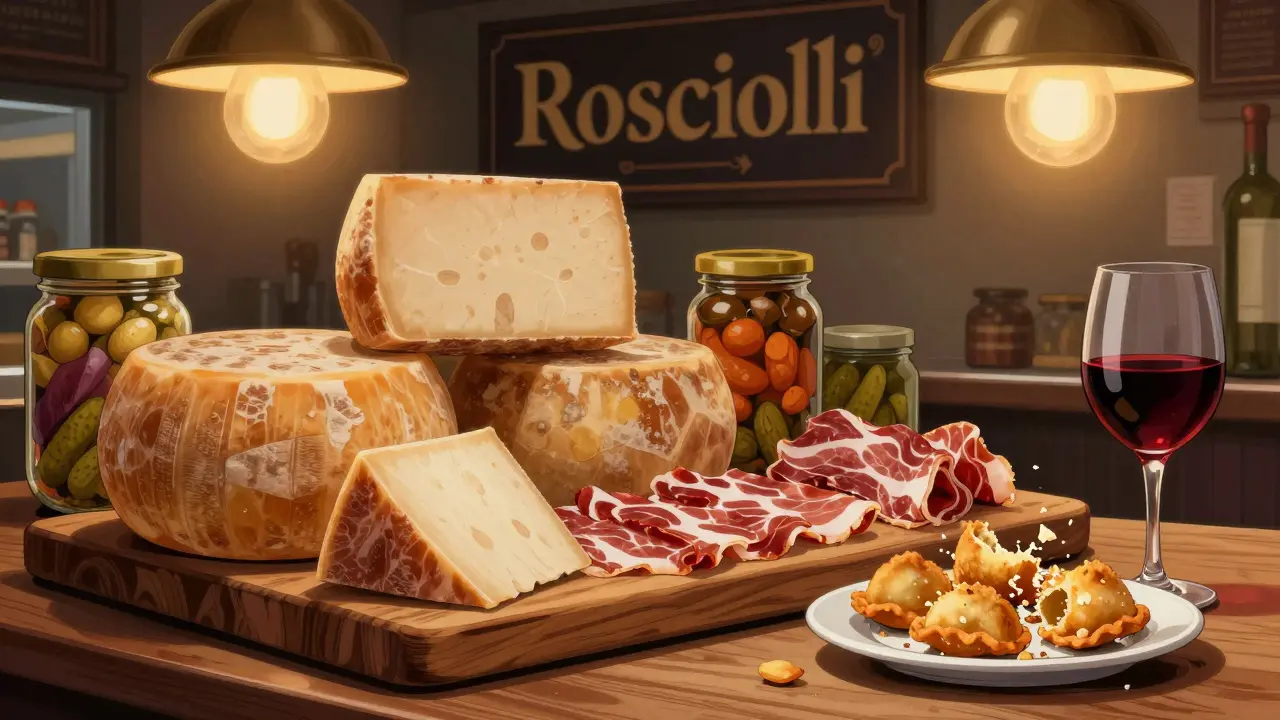 A vibrant deli counter at Roscioli with aged cheeses, cured meats, and crispy supplì under soft lighting.