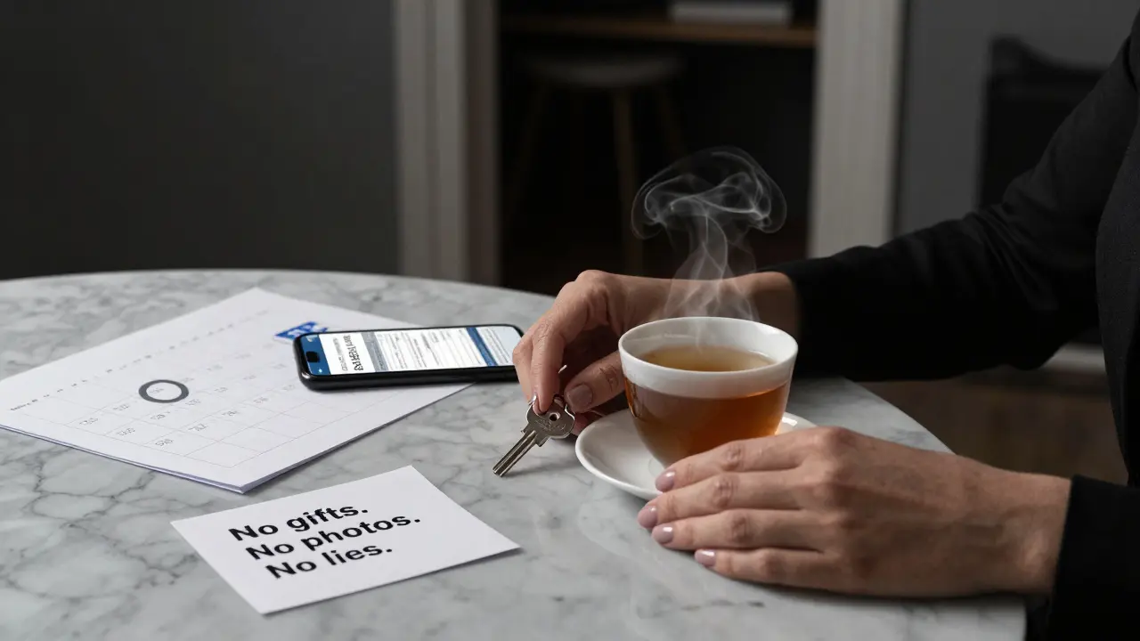 A woman's hand placing a key beside a cup of tea, with calendar and bank confirmation visible on counter.