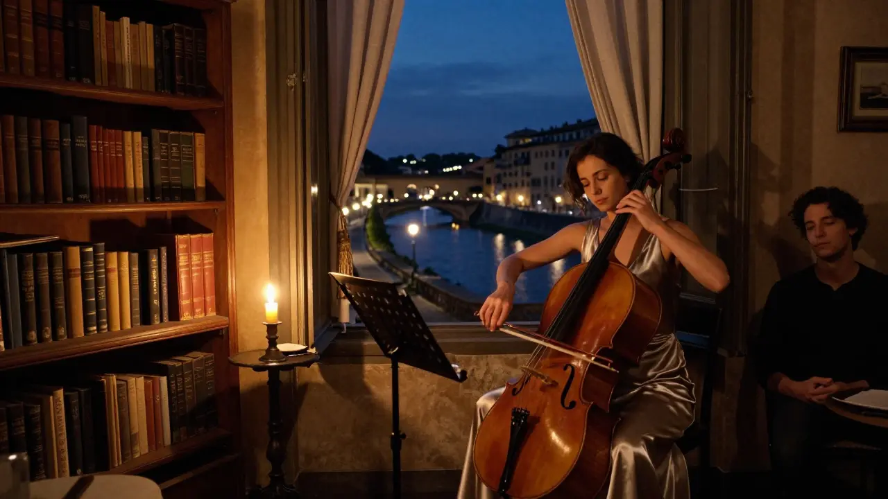 A woman plays cello by an open window in a dimly lit Roman salon, candlelight glowing on books and curtains.