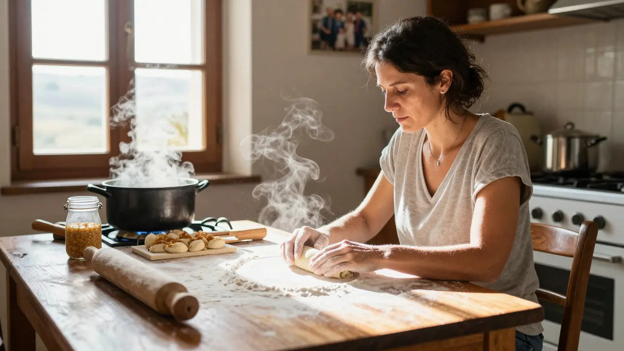 A woman teaches a traveler to prepare ribollita in a Tuscan kitchen with sunlight streaming in.