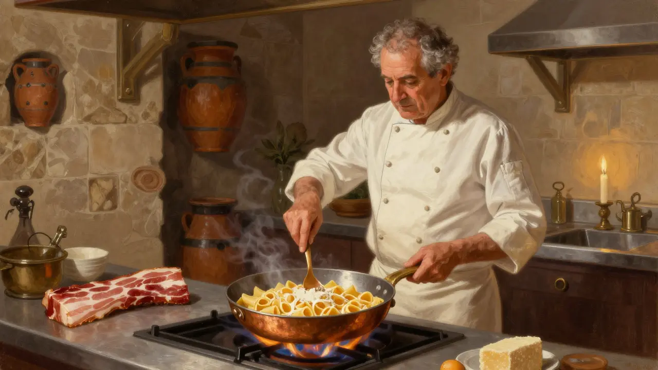 An elderly chef stirring carbonara in a traditional Roman kitchen with ancient amphorae on the walls.