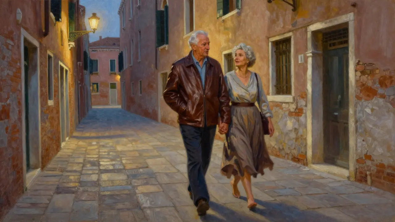 An elderly Italian couple walks hand-in-hand through a quiet Venetian alley at dusk.