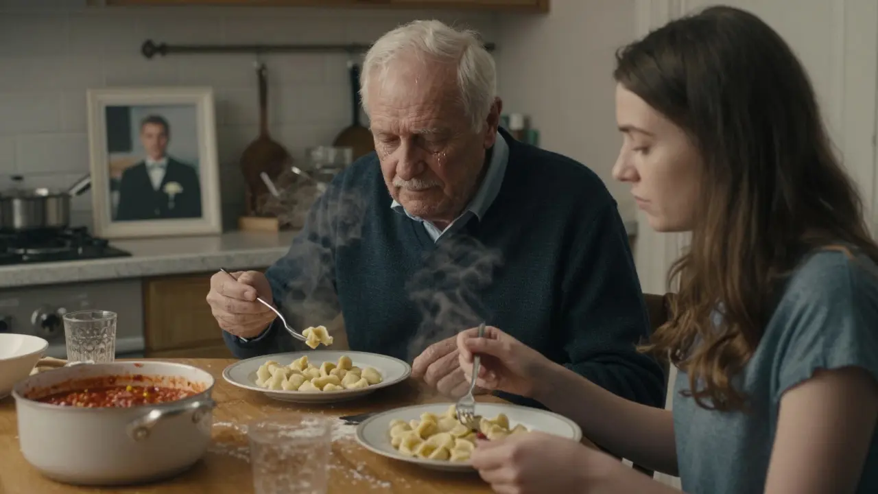 An elderly man and a young woman eat gnocchi in silence at a small kitchen table, sharing a tender, wordless moment.