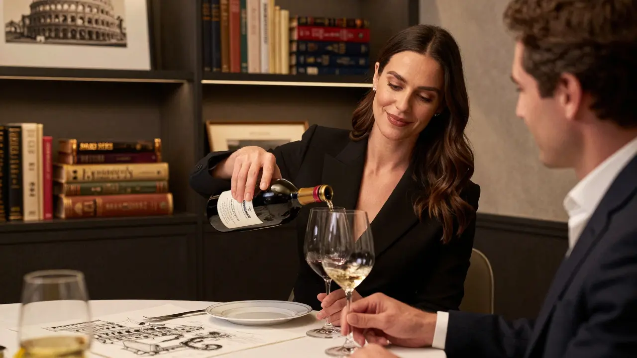 An elite model pouring wine in a refined Milan dining room, surrounded by art and travel books, focused on her companion.