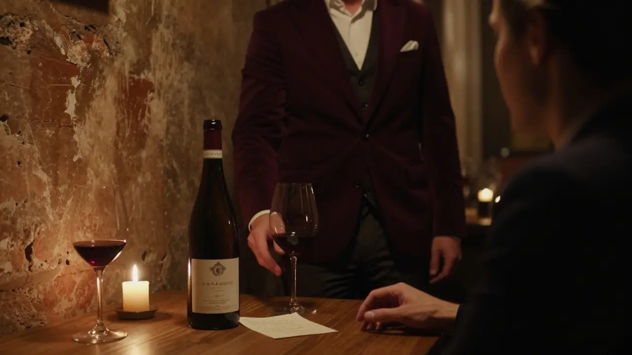 An intimate wine tasting in a Venetian cellar with candlelight and aged bottles.