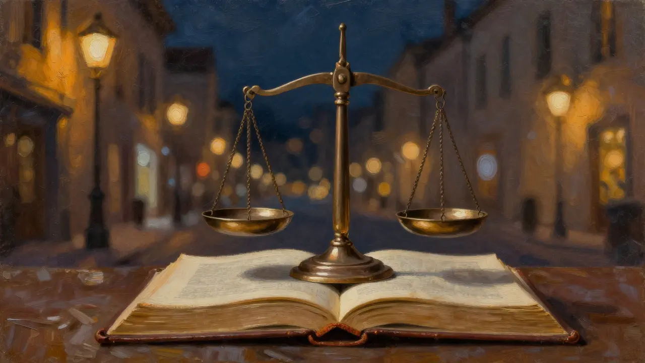 Bronze scales of justice on a leather book with bokeh city lights