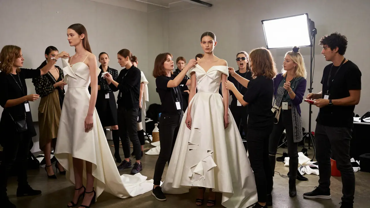 Chaotic backstage at Milan Fashion Week with models being dressed under bright lights amid frantic stylists.