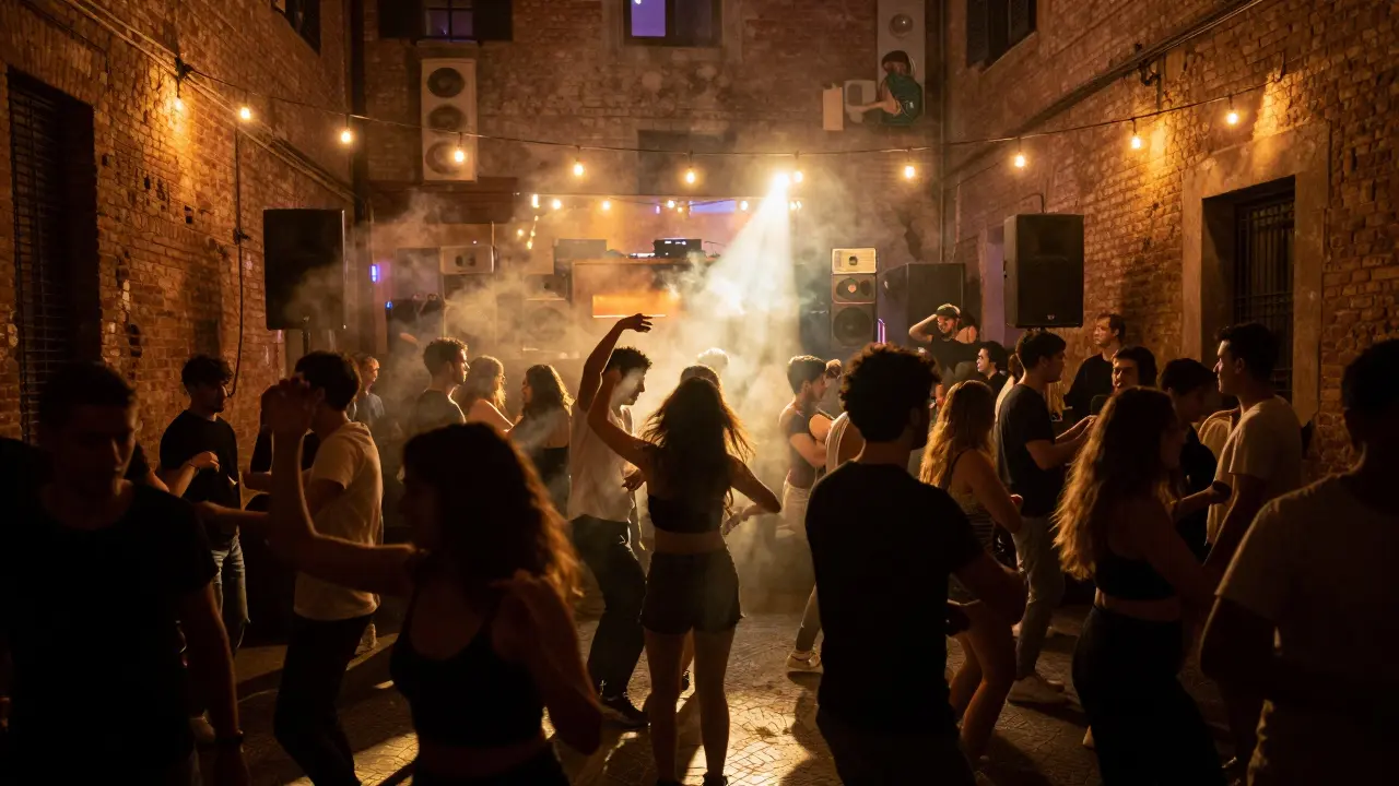 Crowded dance floor inside a courtyard club with warm fairy lights