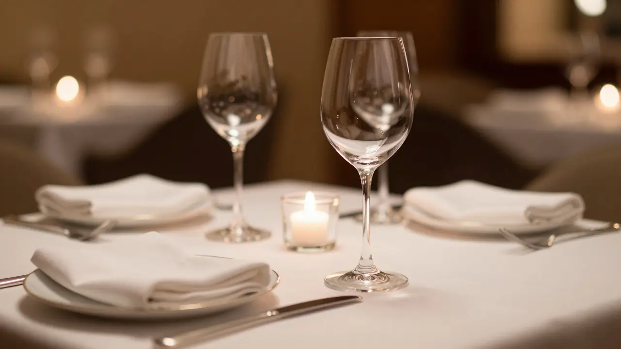 Elegant dinner setting with wine glasses and white linens