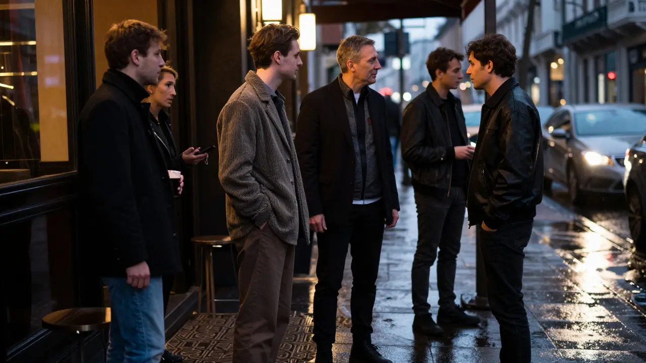 Fashionable crowd waiting outside luxury nightclub entrance at night.