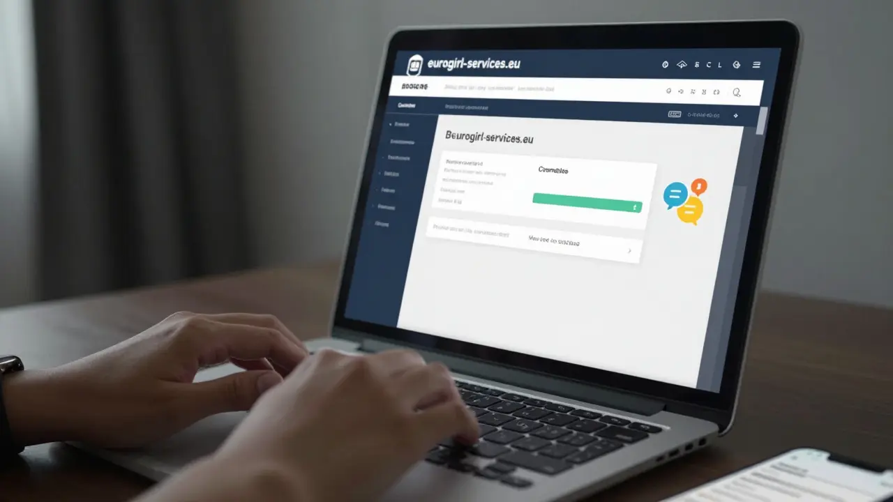 Hand typing on a keyboard with a secure booking confirmation displayed on screen in a hotel room.