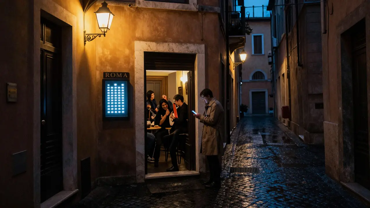 Hidden nightclub entrance in a narrow alley with glowing code panel, mysterious atmosphere, no people visible.
