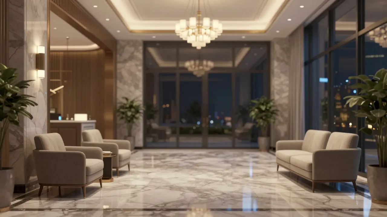Luxury hotel lobby with marble floors and two facing armchairs