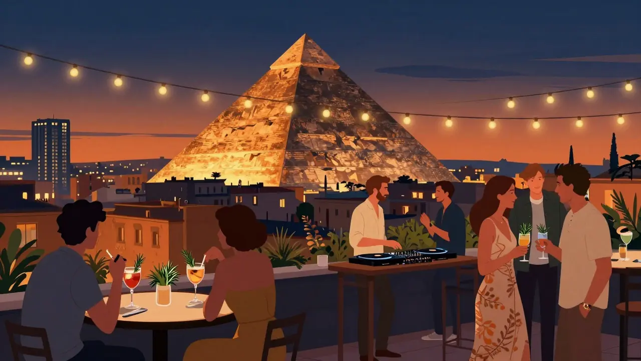 Rooftop club with ancient pyramid in background, patrons enjoying craft cocktails under string lights at dusk.