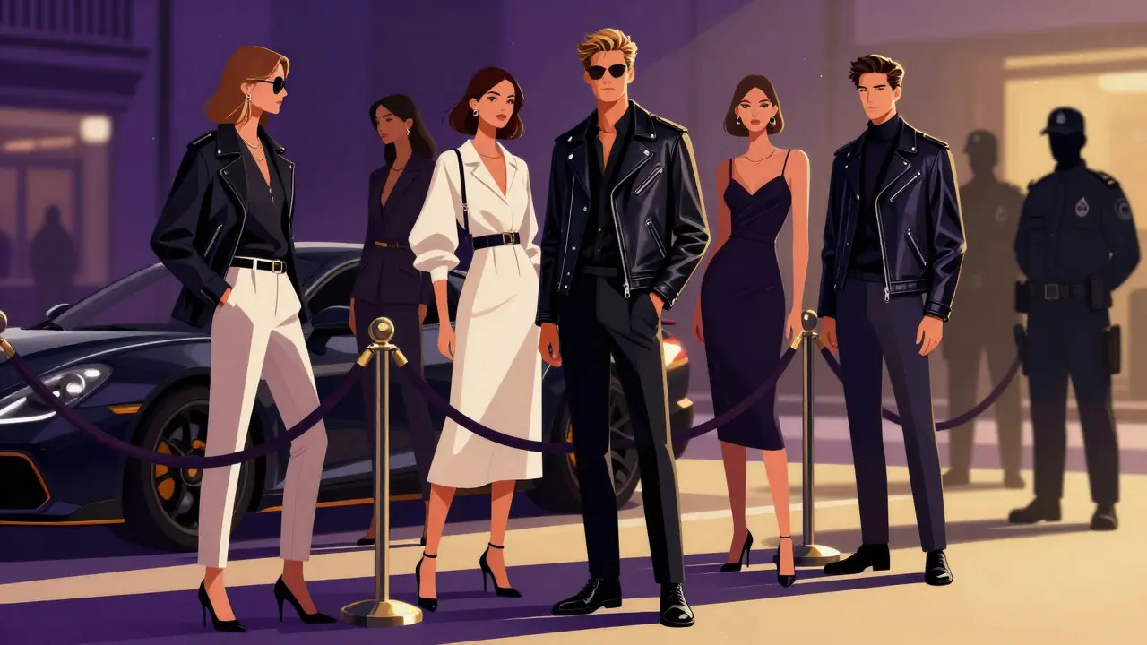 Stylishly dressed group standing outside a VIP nightclub entrance