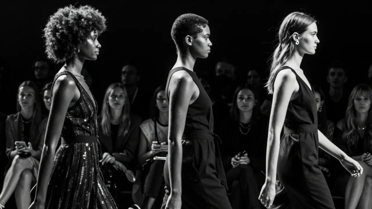 Three diverse models walk a runway under spotlight, symbolizing evolving standards in elite modeling.