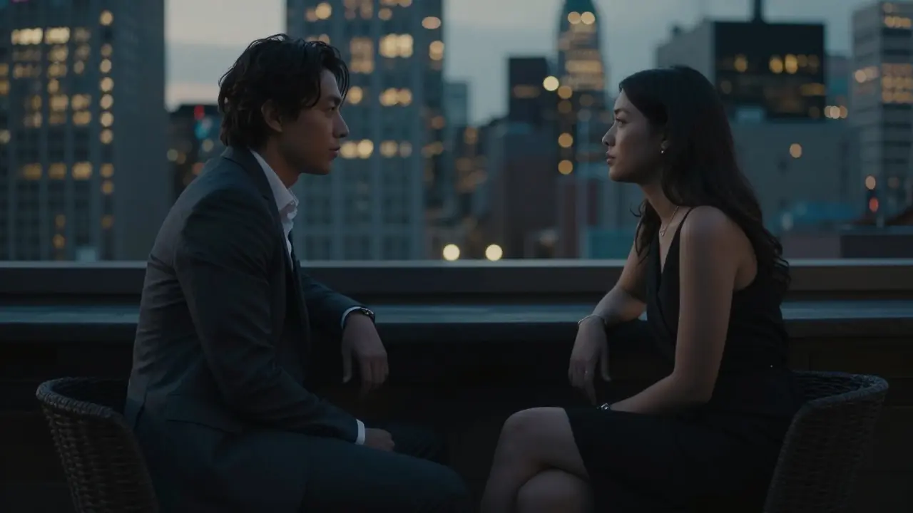 Two individuals at a rooftop bar engaging in thoughtful conversation at twilight.